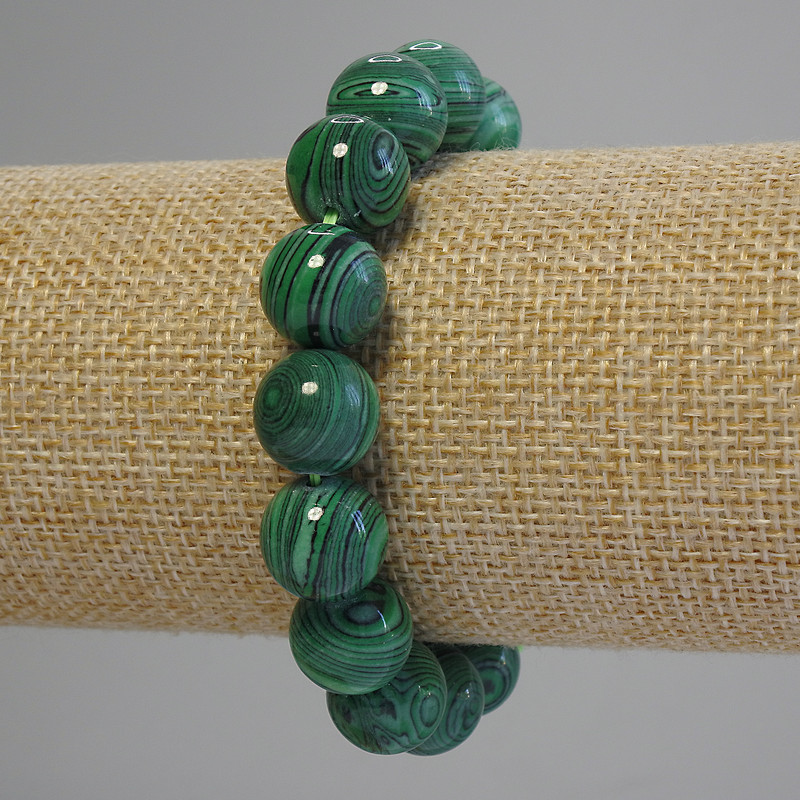 Brățară din malahit cu bile netede, diametru 12 mm +/-, lungime 18 cm +/- (elastic)