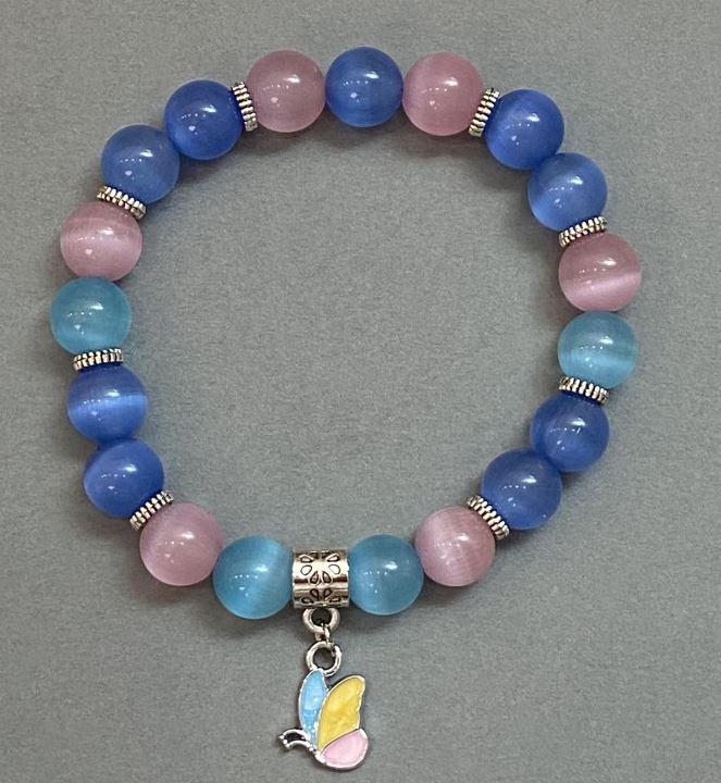 Brățară din piatră ochi de pisică cu bile netede de 9–10 mm, cu inserții metalice, lungime 18 cm, elastică