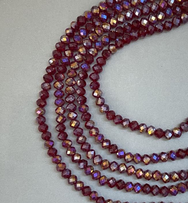 Mărgele din cristal ceh pe fir subțire roșu transparent cu luciu de benzină, rondel tăiat, diametrul 8x6 mm, lungime aproximativ 40 cm