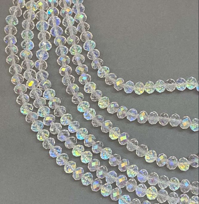 Mărgele ceh pe fir, albe, transparente, cu finisaj petrol, rondeluri tăiate, diametrul 8x6 mm, lungime 39 cm +