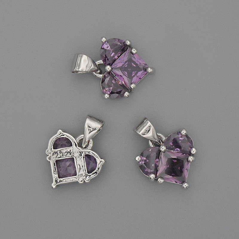 Pandantiv inimă cu cristale mov 12×12 mm, lungime 17 mm, metal argintiu
