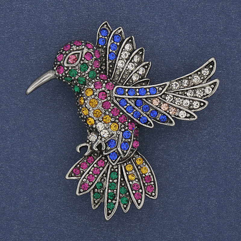 Broșă Colibri cu cristale colorate, metal argintiu, 45×42 mm+