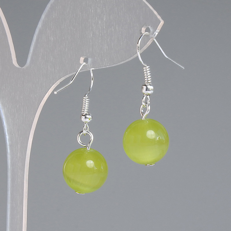 Cercei cu ochi de pisică olive, bilă netedă, diametru 11,5 mm, lungime 30 mm, metal argintiu