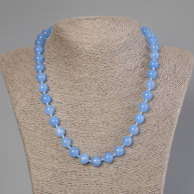 Colier cu acvamarin, bile netede, diametru 10 mm, lungime 50 cm, cu închizător