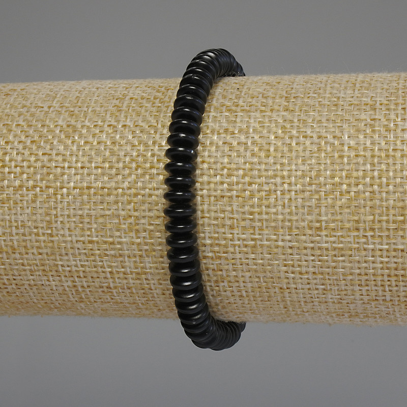 Brățară din hematit negru, rondel, diametrul 6×2,5 mm, lungime 18 cm, pe bază elastică