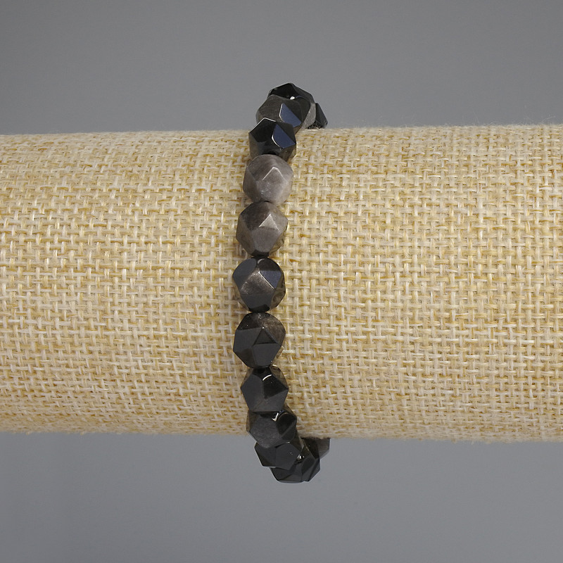 Brățară din obsidian argintiu cu fețe facetate, diametrul 8x7 mm, lungime 18 cm