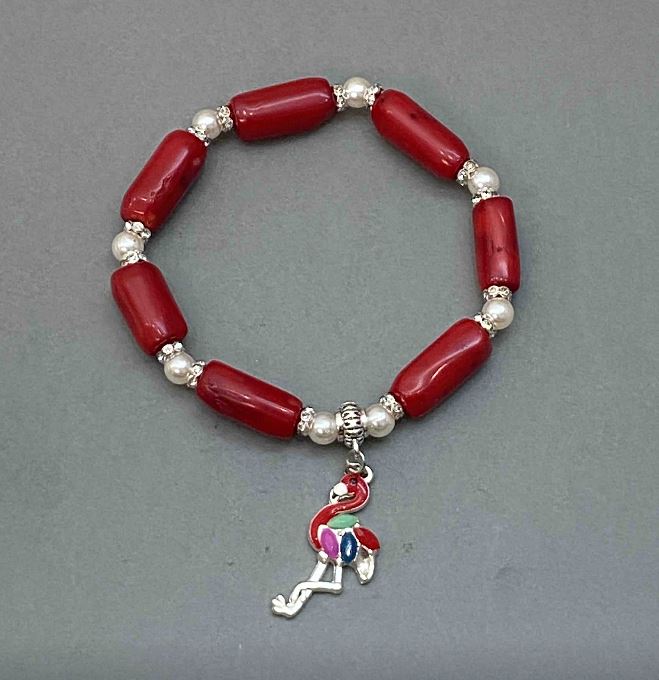 Brățară naturală din coral tăiat facetat, 20x9 mm, perle Mallorca de 6 mm, cu inserții metalice, lungime 18 mm, elastice