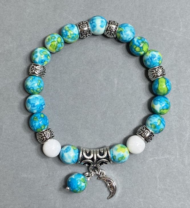 Brățară cu agat și variscit, mărgele rotunde, diametrul de aproximativ 8,5 mm, lungime 18 cm, pe elastic