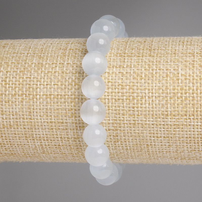 Brățară gri cu ochi de pisică, mărgele netede, diametrul 9,5 mm, lungimea 18 cm, elastică