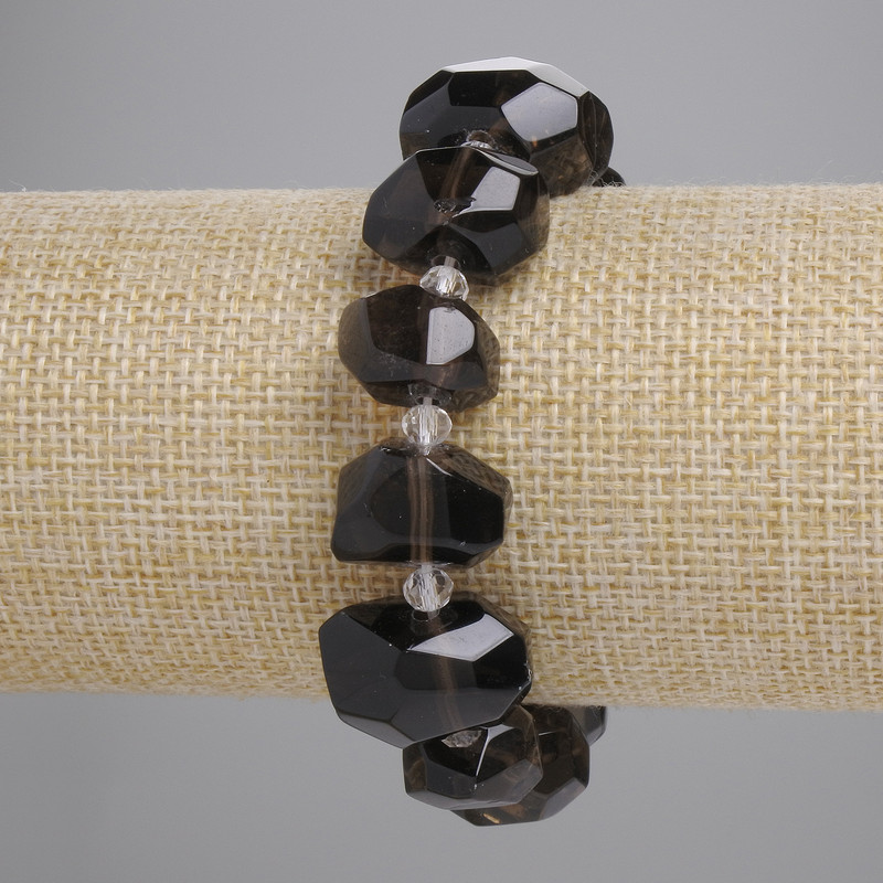 Brățară din topaz fumuriu multifacetată, diametru 12–18×10–13 mm, mărgele de 5 mm, lungime 18 cm, pe bază elastică