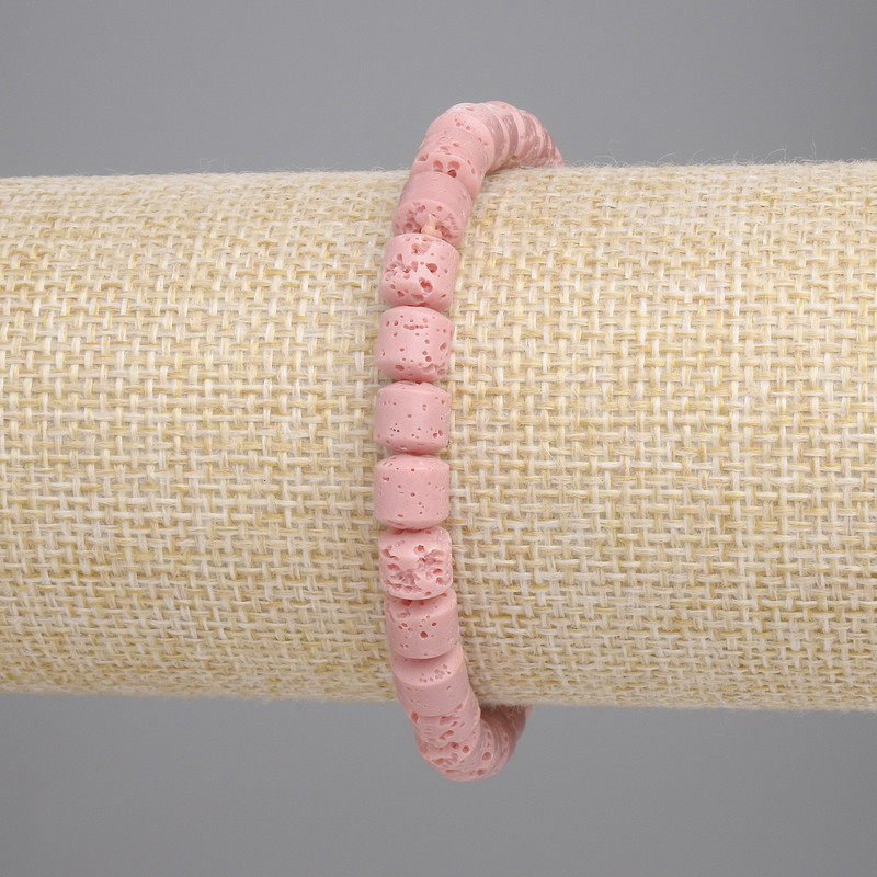Brățară roz lavă vulcanică cilindrică, diametru 6x6 mm, lungime 18 cm, pe elastic