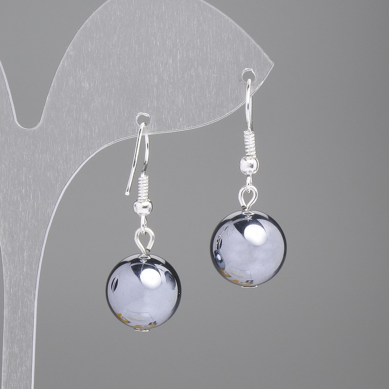 Cercei din hematit – bilă netedă, diametrul 12 mm, lungimea 33 mm