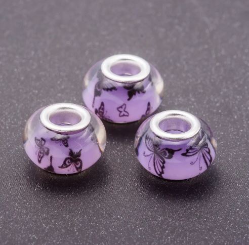 Mărgea Pandora mov cu fluture, din plastic, diametrul 13 mm, gaura de 5 mm, set 11 buc