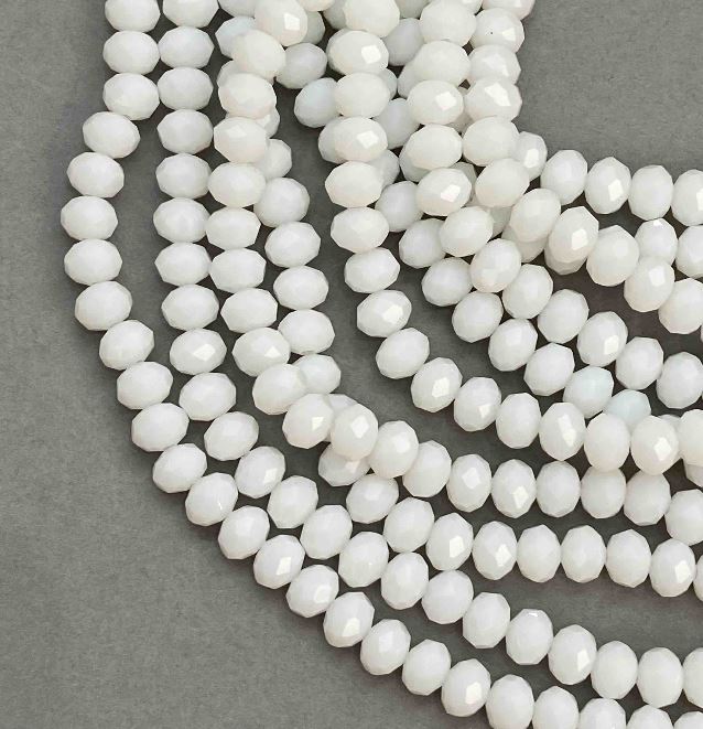 Mărgele din cristal ceh pe fir, albe mate, rondel facetat, diametrul 8x6 mm, lungime 39 cm +