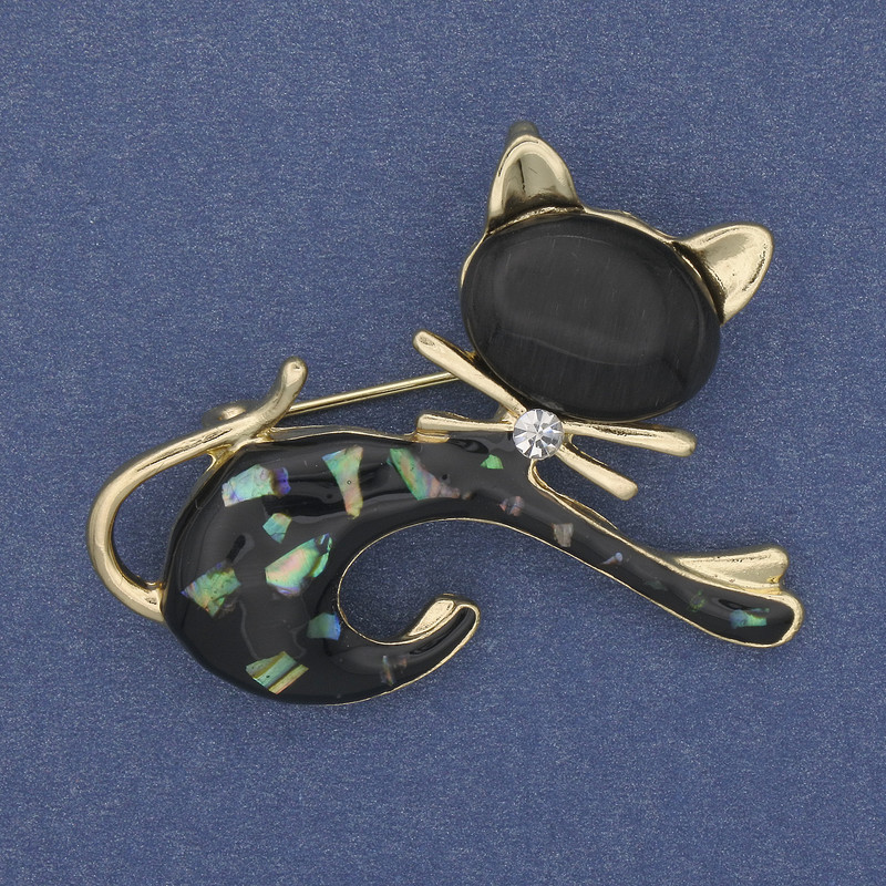 Broșă Pisică cu Haliotit și ochi de pisică, metal auriu, 43×34 mm+