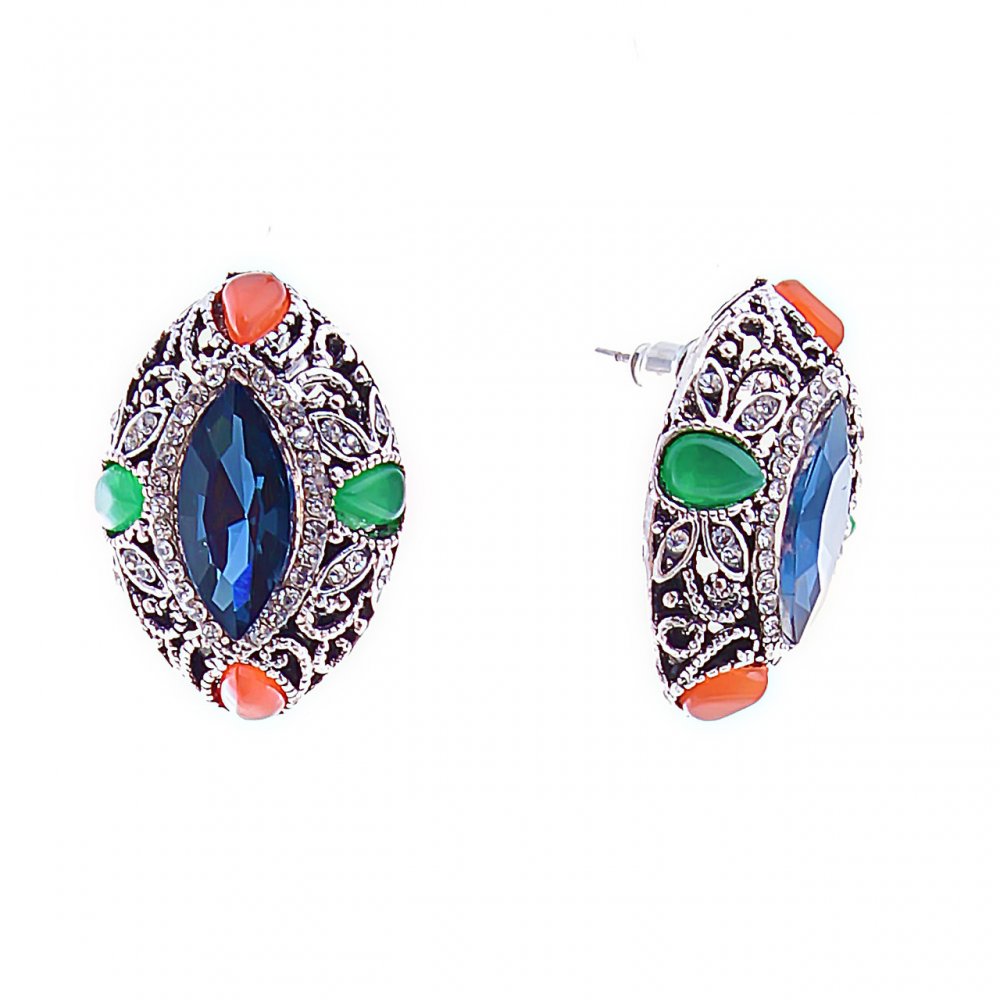 Сережки-пусети з синіми кристалами- Маркіз, оправа в стразах, 26 * 19мм