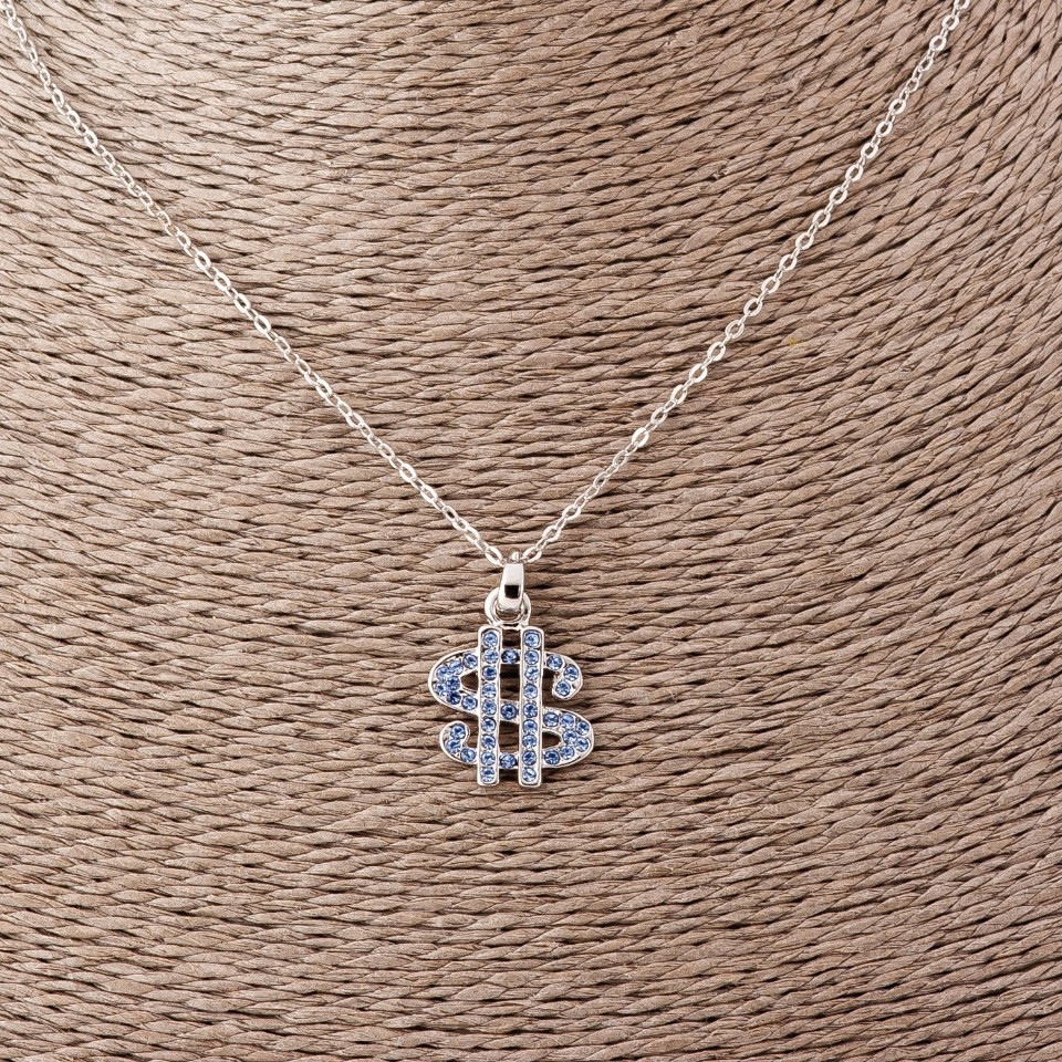Pandantiv Dolar pe lanț în formă de ancoră, cu cristale albastre, lungime 52 cm, diametru 2×1,7 cm, metal argintiu