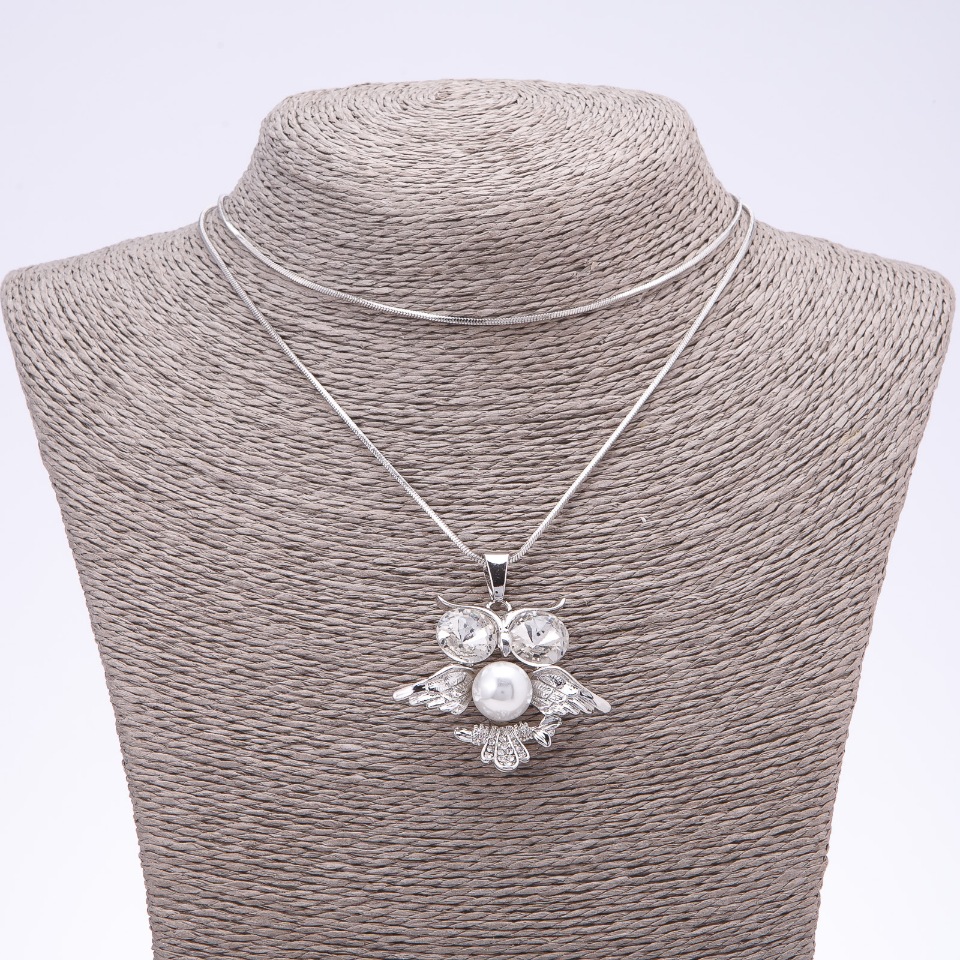 Підвіска на ланцюжку Сова з перлиною білі очі, довжина 75см, діаметр 4х3, 5 см