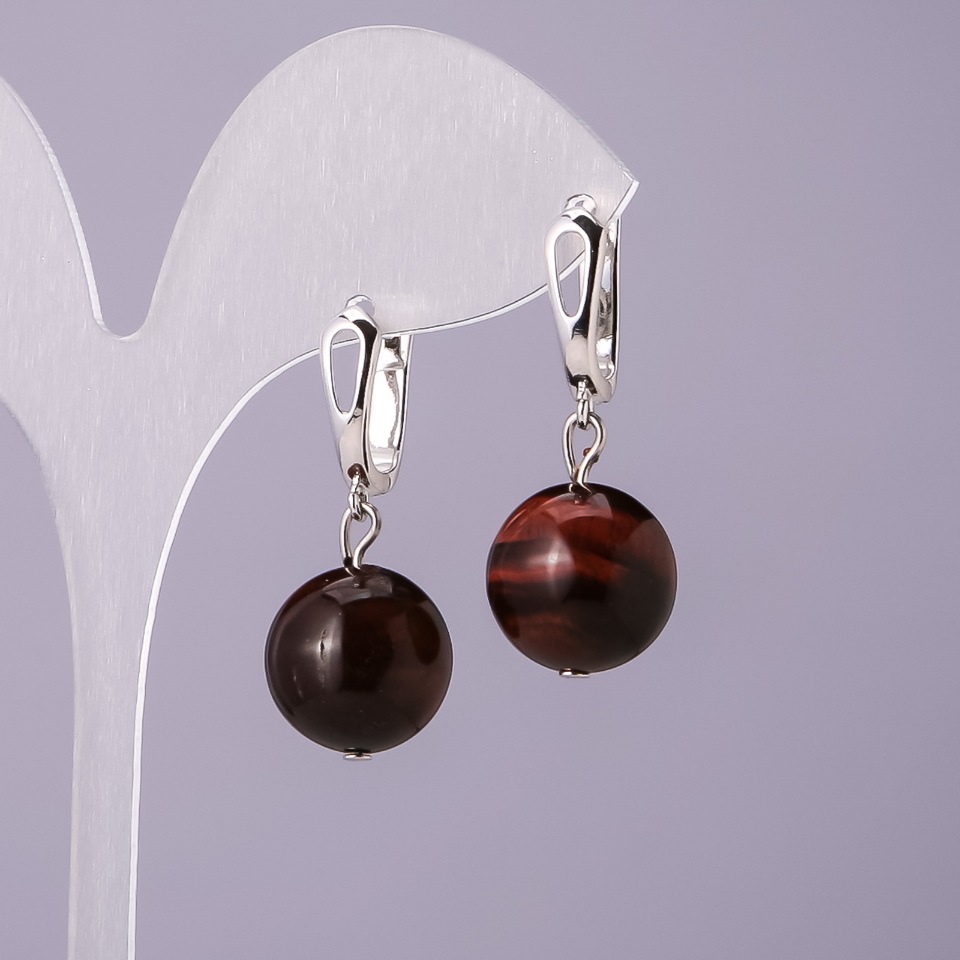 Cercei din piatră naturală Ochi de bou, diametrul 14 mm, lungimea 18 mm