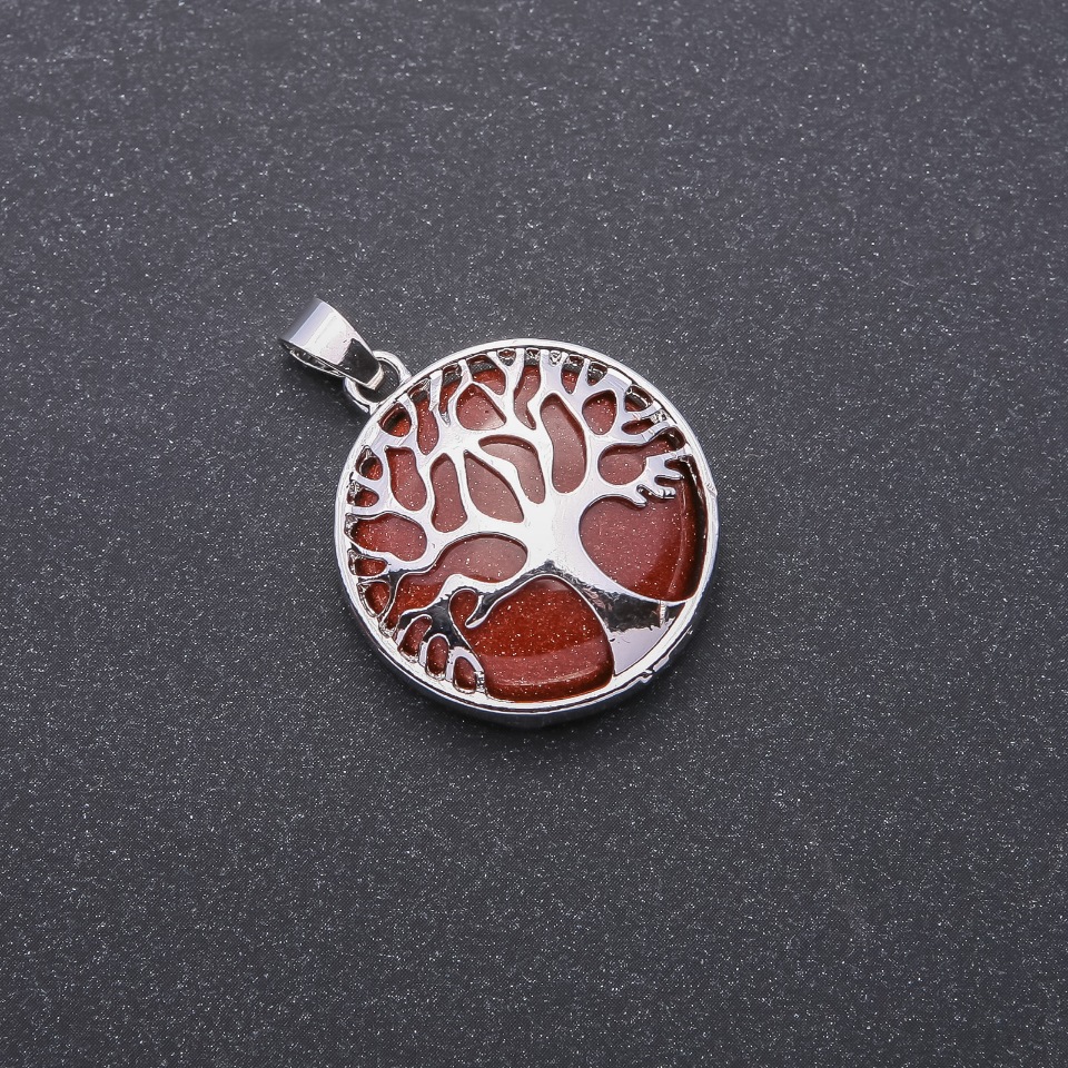 Pandantiv din aventurin „Nisip de aur” (sintetic) în montură „Arborele vieții”, diametrul 27 mm