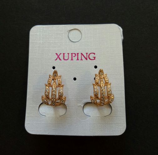 Cercei Xuping, placare cu aur 18K, frunze, cu pietre albe, 17x11 mm