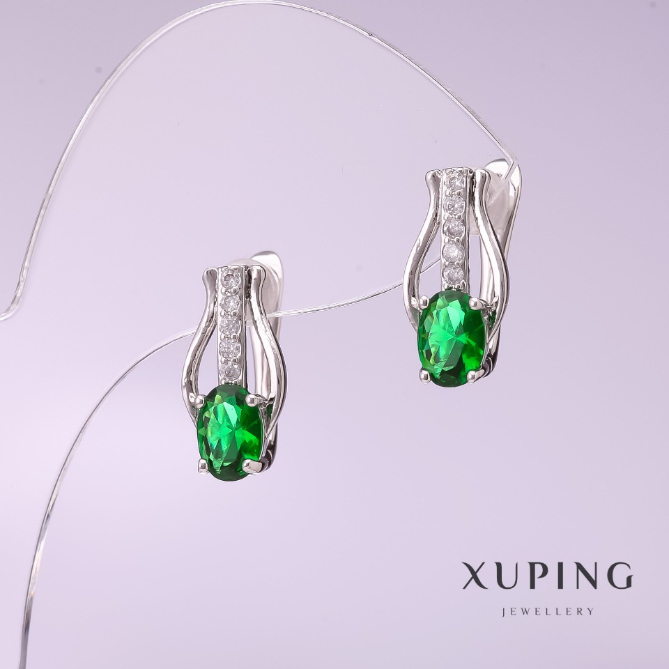 Cercei Xuping cu piatră verde, rodiu, 16×8 mm