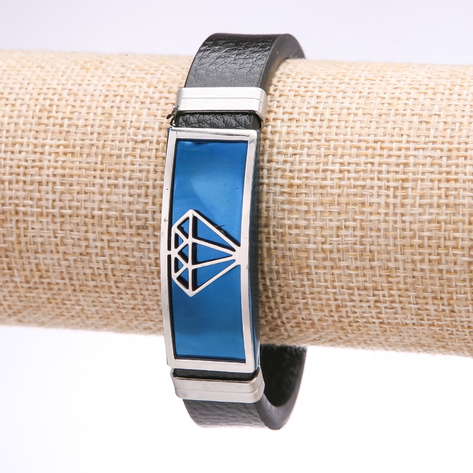 Brățară pentru bărbați Diamant, din piele ecologică albastră, cu placă din oțel lată, grosime 14–16 mm, lungime 20 cm