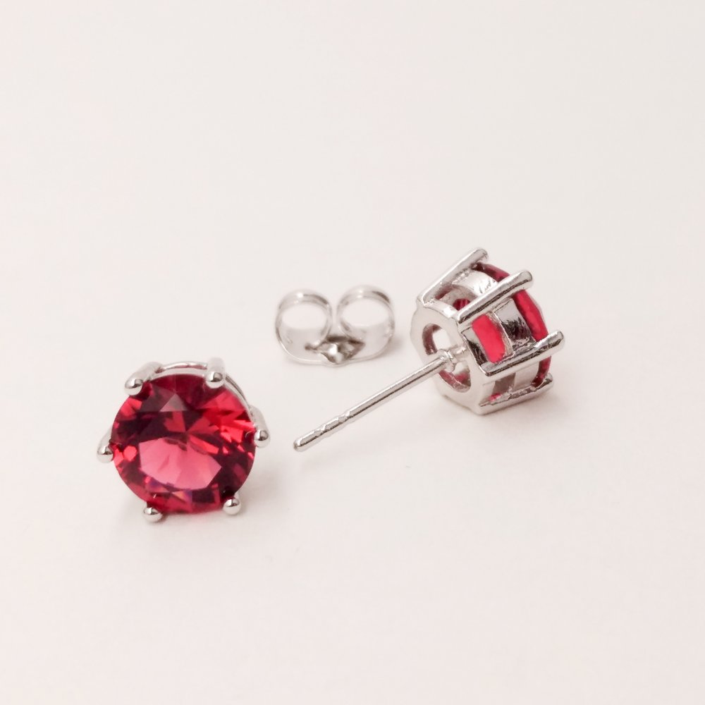 Cercei Xuping cu știfturi, montură în coroană, cu piatră roșie, diametru 8 mm, placare cu rodiu