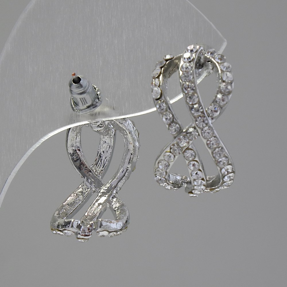 Cercei stud «Infinitul», cristale albe, metal placat cu argint, 2 cm
