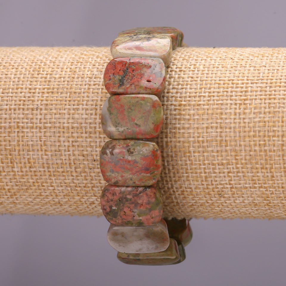 Brățară din jasper heliotrop, zale 13×18×6 mm, pe elastic, circumferința 18 cm