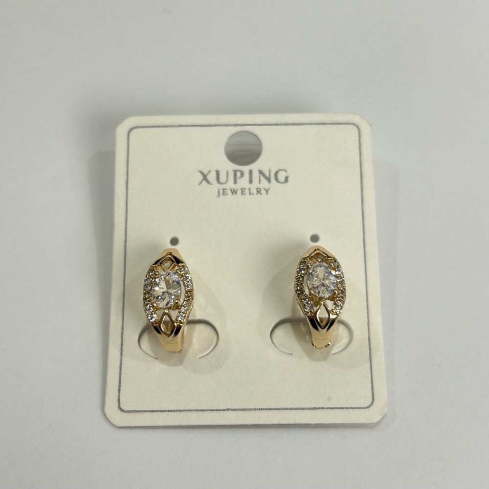 Cercei Xuping cu pietre albe, 7x15 mm, placare cu aur 18K