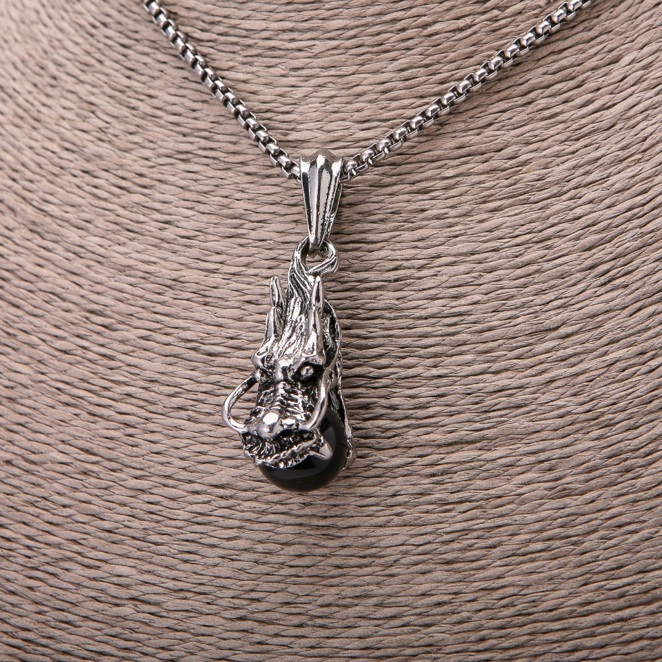 Кулон Голова Дракона і Чорний Куля 22х51мм на ланцюжку, довжина 65см колір металу срібло