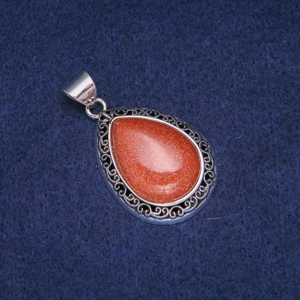 Pandantiv picătură cu piatră aventurin Nisip auriu în montură veche 27×39 mm