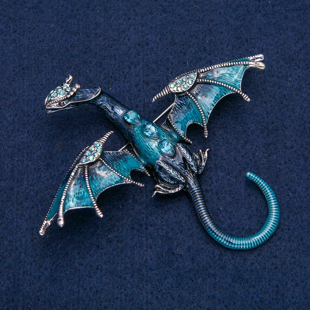 Broșă-colier Dragon, metal argintiu cu email albastru și strasuri albastre petrol, 90x78mm +