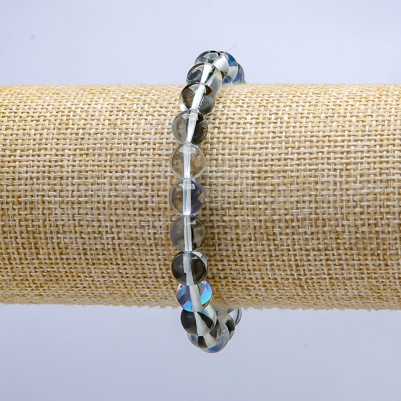 Brățară din sticlă opală albastră, efect cameleon pe elastic, bilă netedă, diametru 8 mm, lungime 18 cm