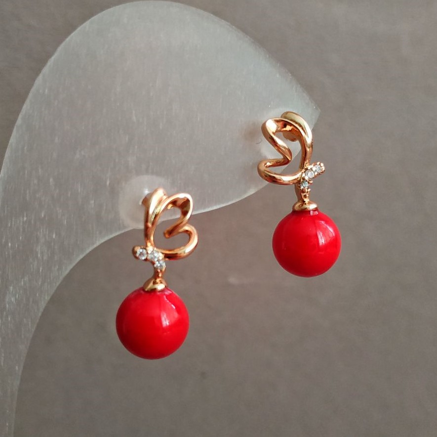 Сережки пусети кульчики Xuping Позолота 18К з червоною намистиною з білими стразами, діаметр 19х8мм +