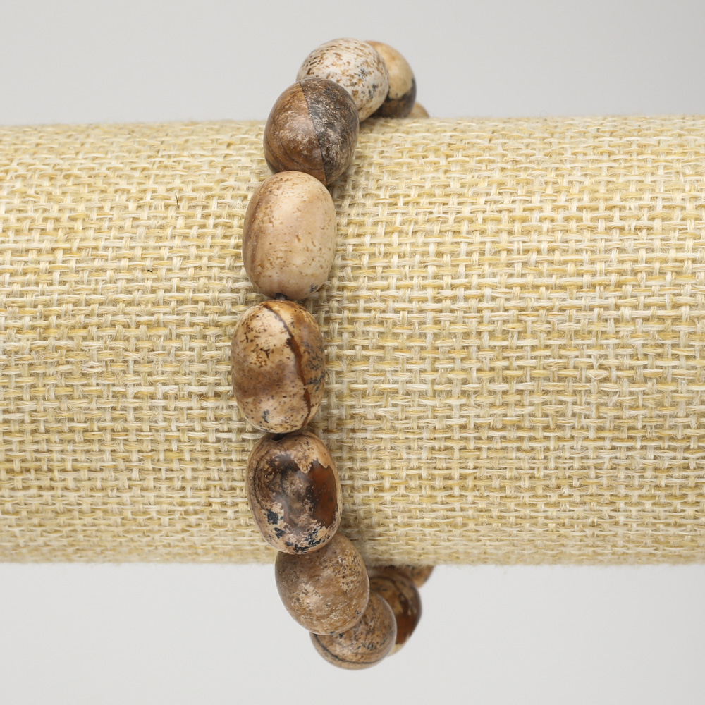 Brățară pe elastic din piatră naturală, jasper peisaj, mărgele în formă de butoi, diametrul 10x14 mm+