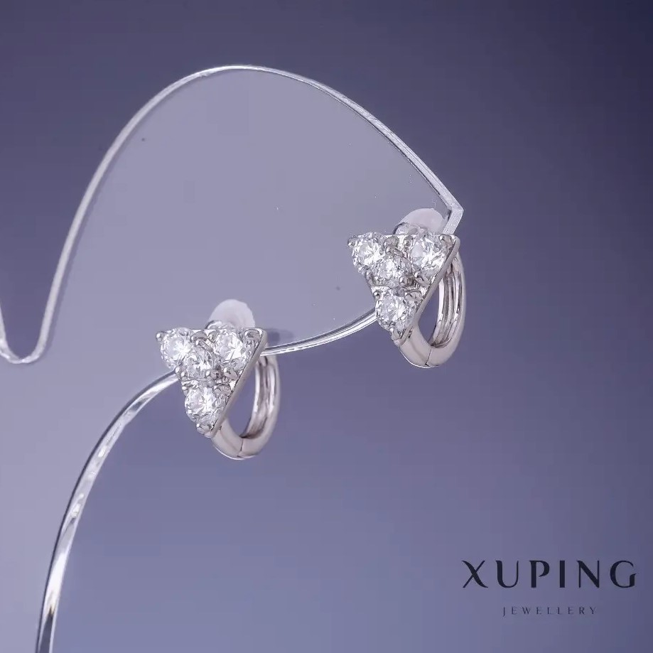 Cercei Xuping triunghiuri cu cristale albe 11x9 mm placate cu rodiu