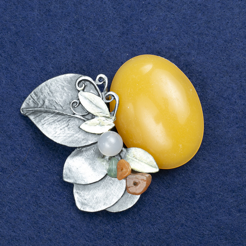 Broșă ramură cu chihlimar, pietre asortate, metal argintiu, 60×50 mm +