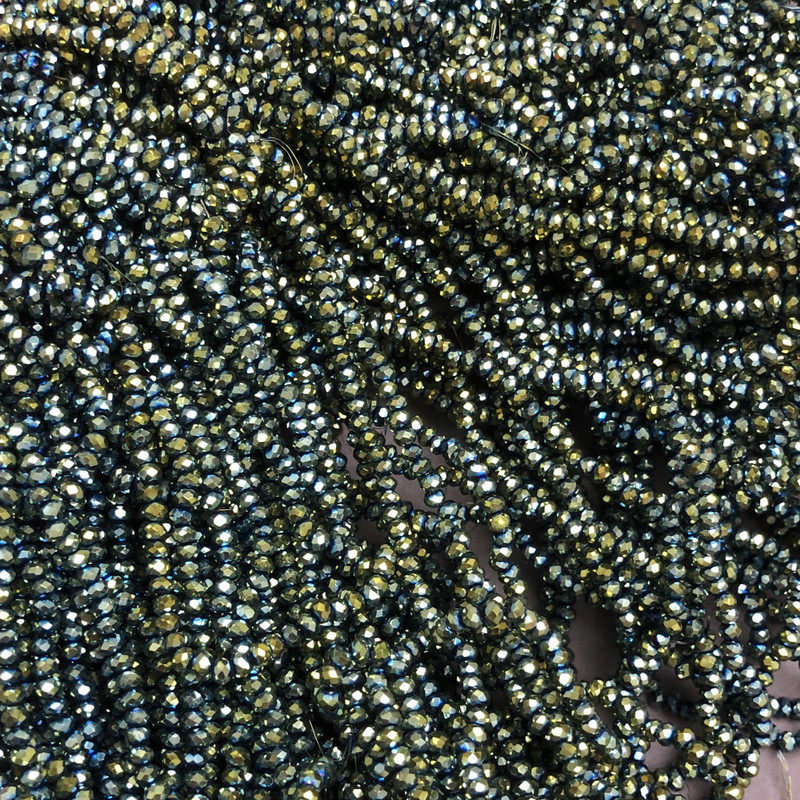 Mărgele din cristal ceh pe fir, finisaj gri-verzui cu luciu de benzină, rondel tăiat, diametrul 3x2,5 mm, lungime 36 cm +