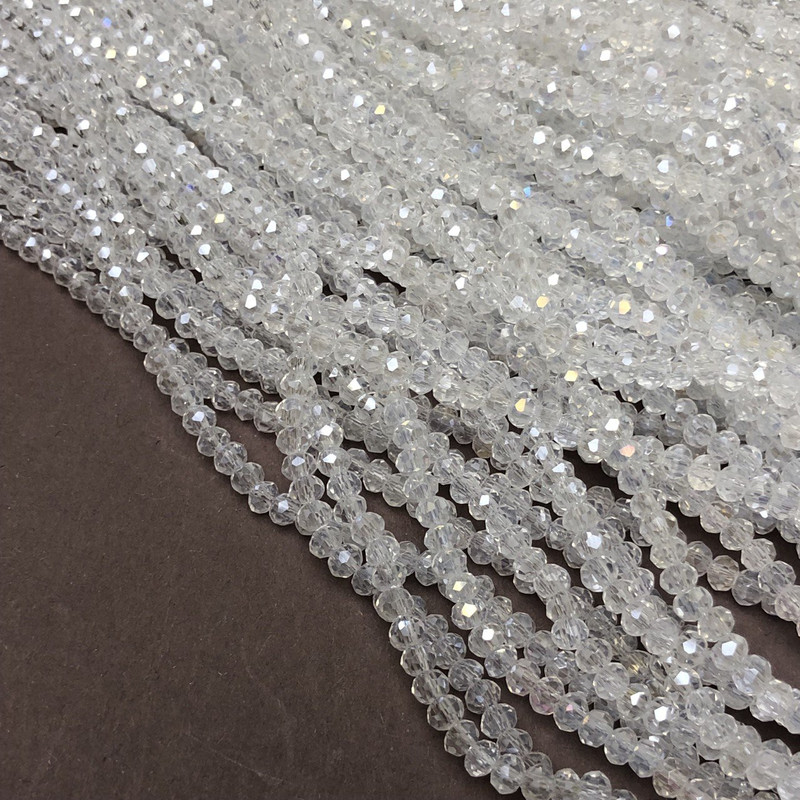 Mărgele din cristal ceh pe fir alb transparente, cu rondel tăiat, diametrul 3,5×3 mm, lungime 36–38 cm