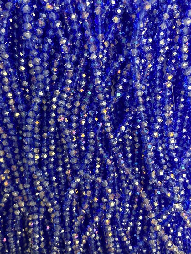 Mărgele din cristal ceh pe fir, albastru transparent cu luciu de benzină, formă rondel tăiată, diametru 3,5x3 mm, lungime 36 cm