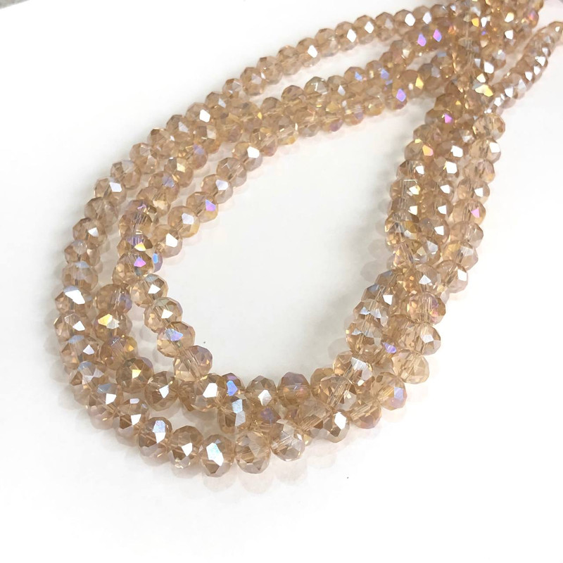 Perle din cristal ceh pe șnur, nuanță șampanie, transparente, cu reflexe de benzină, rondelle tăiate, diametrul 8×6 mm, lungime 40–42 cm