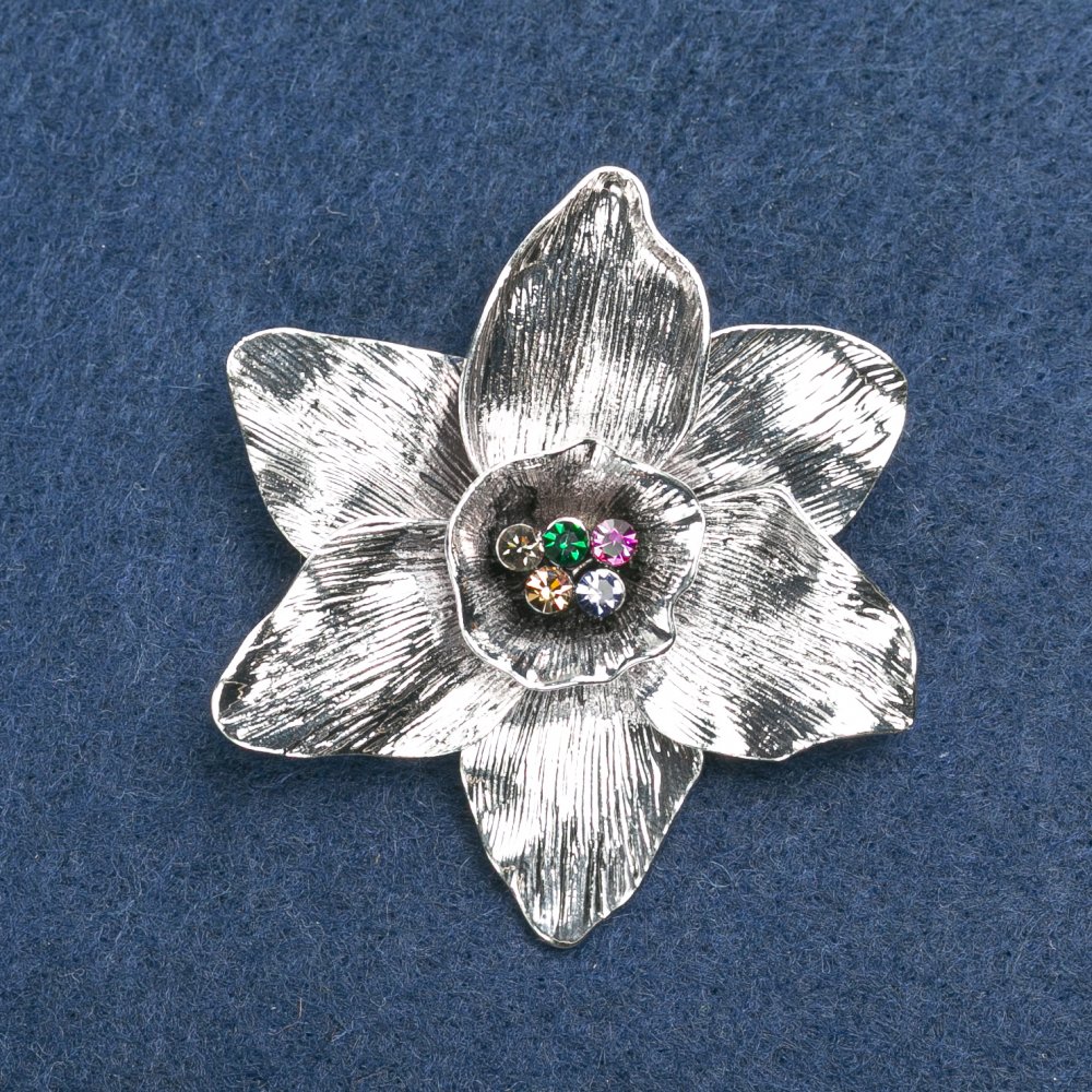 Broșă Floare, metal argintiu, cristale multicolore, 50 mm +