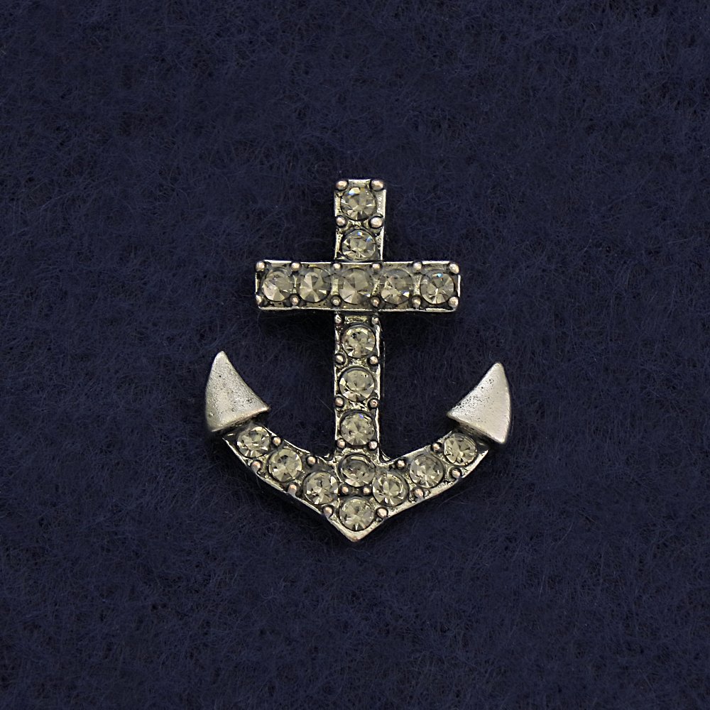 Broșă cu închizătoare pe răsucire «Ancoră» 2 cm, metal gri, strasuri