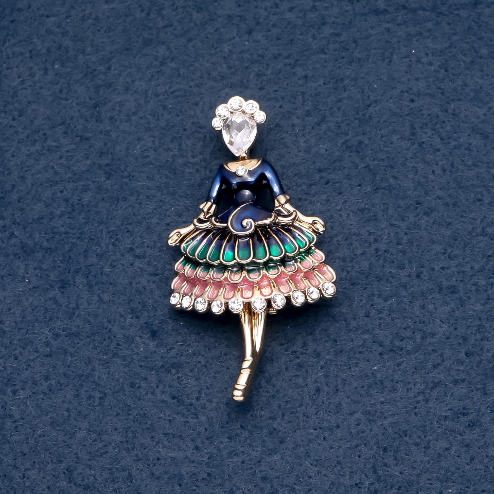 Broșă «Domnișoară» email verde, 30x55 mm, culoare metal: auriu