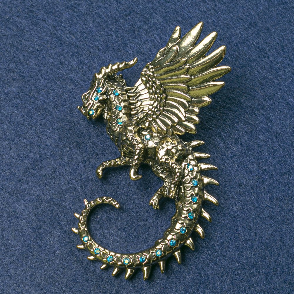 Broșă Dragon metal auriu cu strasuri albastre petrol 64x50 mm+