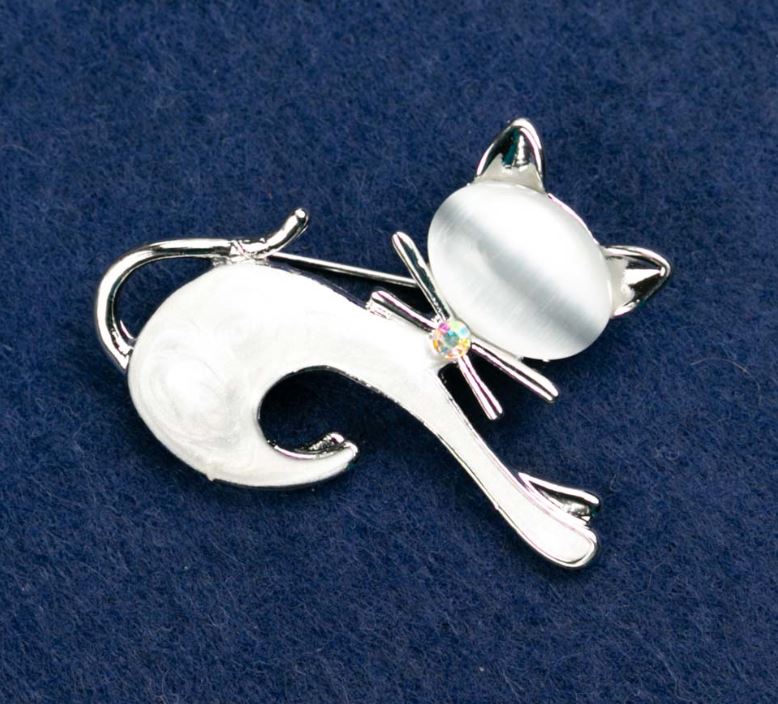 Broșă Pisicuță Ochi de pisică, email, culoare gri, 37×44 mm, metal argintiu