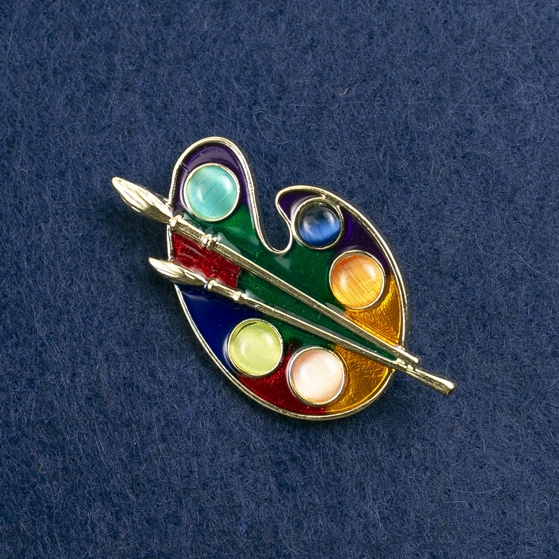 Broșă Paletă, email multicolor, metal auriu 50×27 mm