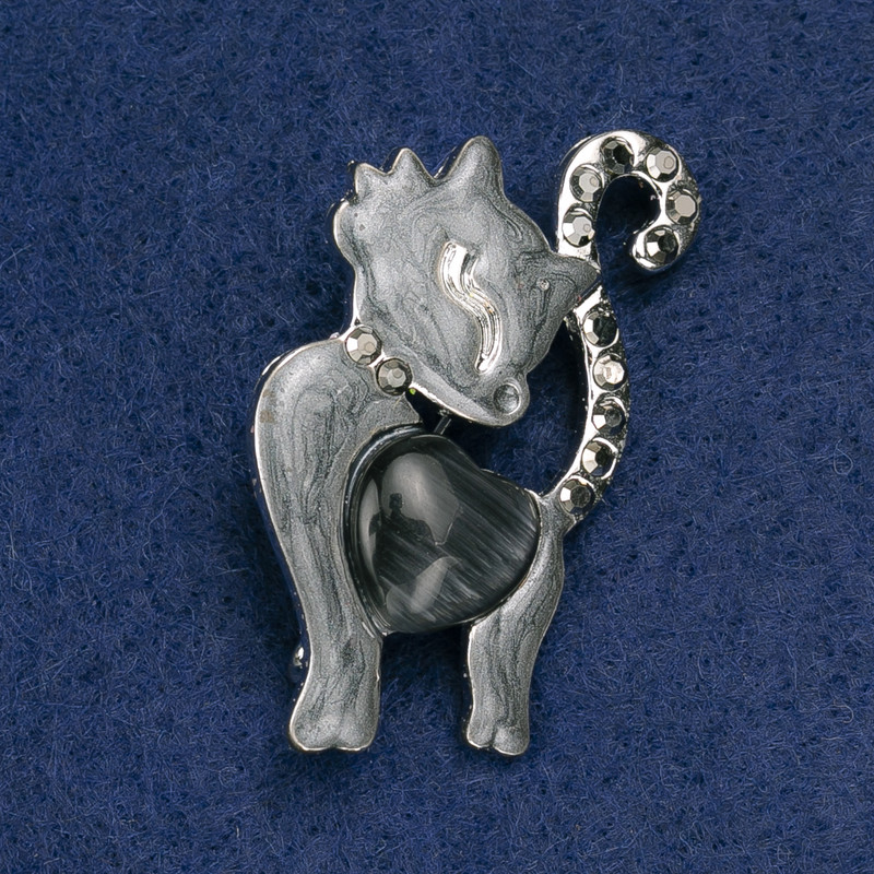 Broșă Pisicuță sidef gri, cu strasuri negre, metal argintiu 47×28 mm
